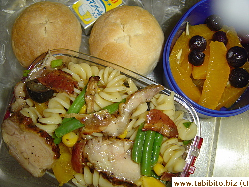Chicken and pasta salad, homemade French rolls, Camembert, orange and blueberries