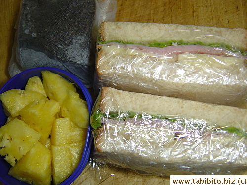 Ham and cheese sandwich, pineapple, chocolate cake