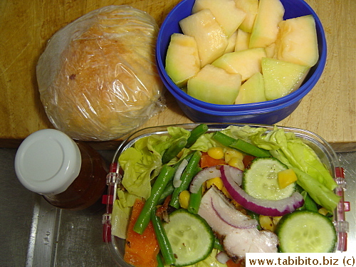 Chicken salad, corn roll, melon