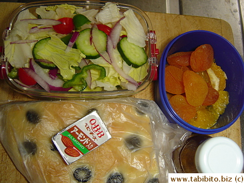 Garden salad, focaccia, almond cheese, dried apricot and orange