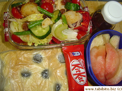 Scallop salad, foccacia, peaches, KitKat