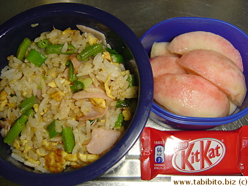 Fried rice, peaches, KitKat