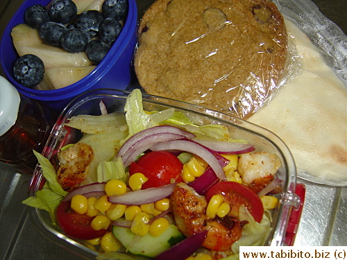 Shrimp salad, naan, CCC, peaches and blueberries