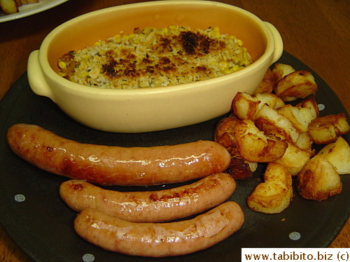 Grilled sausage, corn casserole, hash