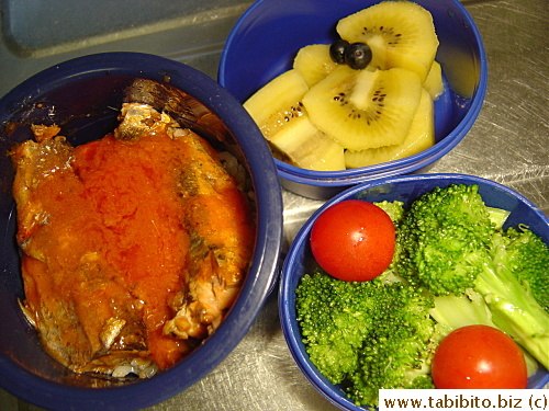 Canned sardines with tomato sauce, stirfried broccoli, cherry tomatoes, kiwi fruit, blueberries