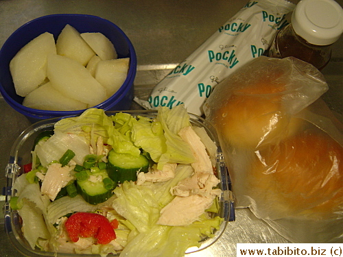 Chicken salad, rolls, Pocky, nashi pear