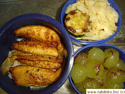 Cajun fish, sauteed cabbage, grilled zucchini, grapes