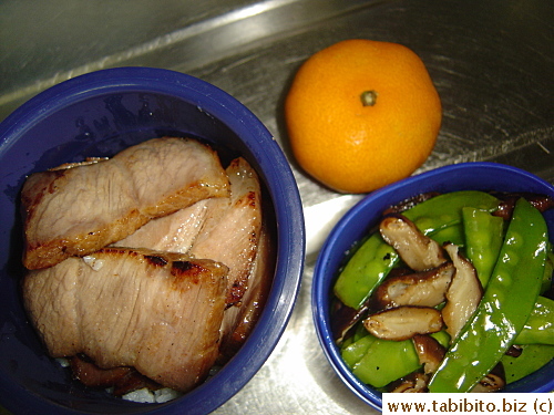 Roast pork, stirfried snow peas with fresh shiitake, mandarin