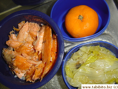 Grilled salted salmon, sauteed lettuce, mandarin