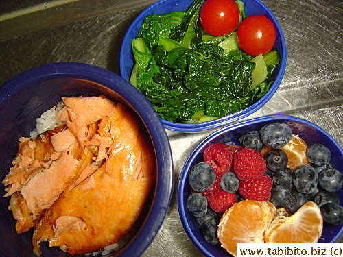 Grilled salted salmon, sauteed veggies, cherry tomatoes, mixed fruit