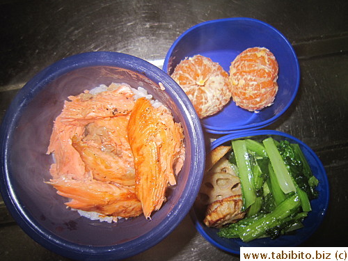 Salted salmon, panfried lotus root, sauteed veggies, mandarin