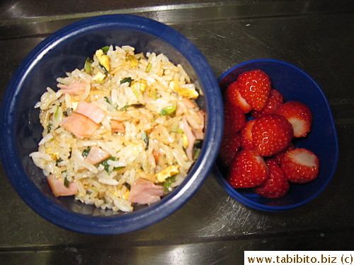 Bacon fried rice, strawberries