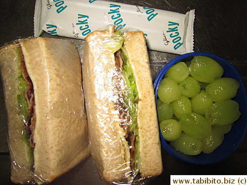 BLT minus the tomato, grapes, Pocky