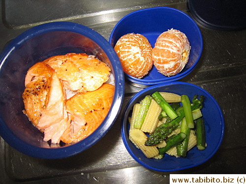 Grilled trout, stirfried baby corn and asparagus, mandarin