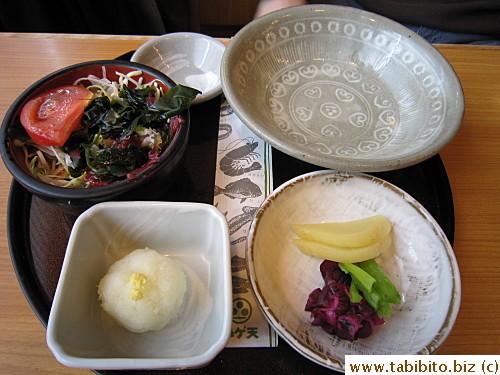 KL's set with salad, grated daikon, pickled vegetables, rice (free refill) and miso soup