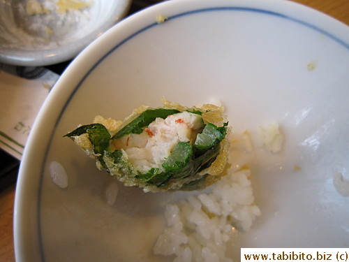 The best tempura of my set was this oba leaf-wrapped prawn and fish thing