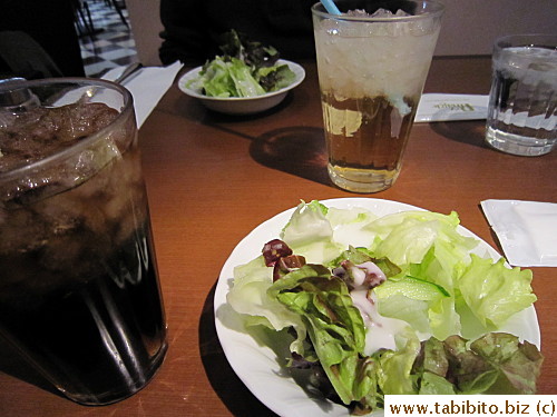 Salad and drinks of choice (cola and ginger ale)