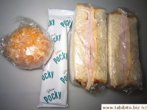Ham and cheese sandwich, Pocky, tangerine