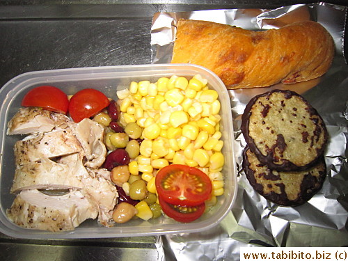 Roasted chicken, beans, corn, cherry tomatoes, tomato bread, chocolate cookies