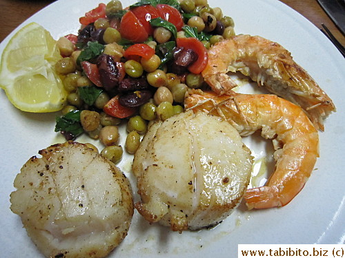 Delicious dinner: Seared scallops, prawns, sauteed canned mixed beans with cherry tomatoes and basil