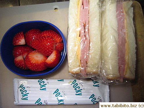 Ham and cheese sandwich, Pocky, strawberries