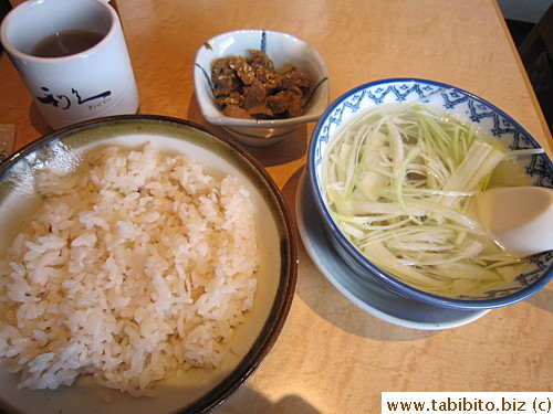 Rice, soup and side dish arrived first