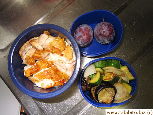 Panfried chicken, seared eggplant, sauteed zucchini and onion, plums