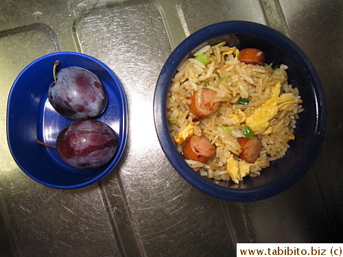 Sausage fried rice, plums