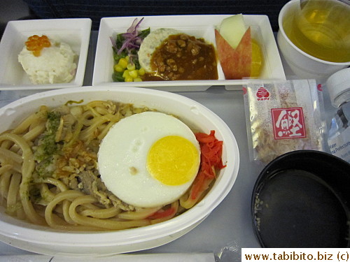 ANA Tokyo to London Lunch Yaki-udon, potato salad with fish roe, chilled pork patty with bean sauce, hot soup