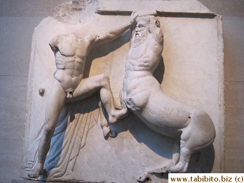 The horseman should kick the man in the same place he kicks him