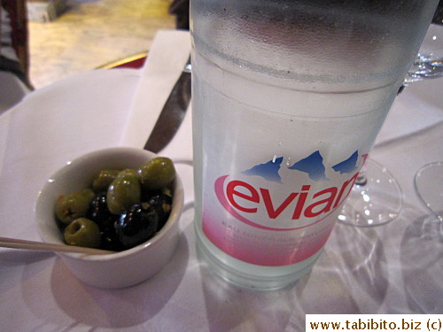Complimentary marinated garlic olives, very nice