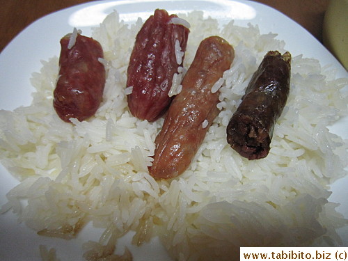 Third meal: Chinese sausages over Thai rice and