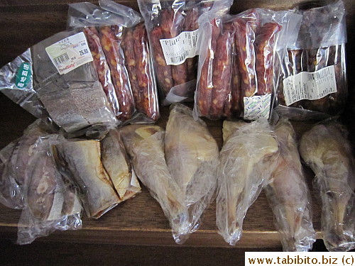 Liver and pork sausages from Wing Wah, preserved duck legs and salted fish from Mongkok wet market