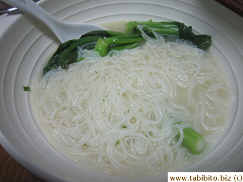 Second meal: Instant rice noodles and choi sum from Hong Kong