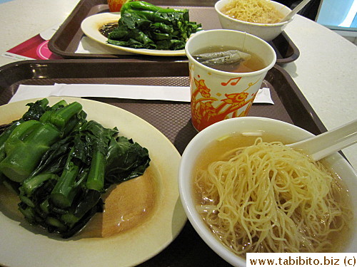 First meal: wonton noodles and Chinese broccoli, total HK$78/US$10