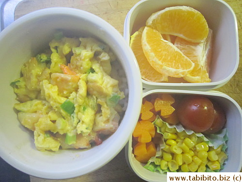 New bento box debut with fried egg with prawns and scallions, veggies, mandarin