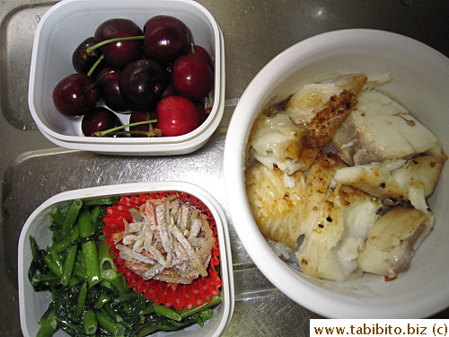 Grilled cod, frozen cooked gobo (burdock), stirfried On Choi, cherries