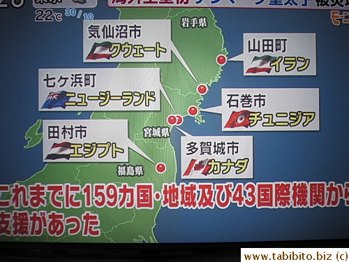 So far 159 countries and 43 international organizations have helped Japan after the 3/11 Quake
