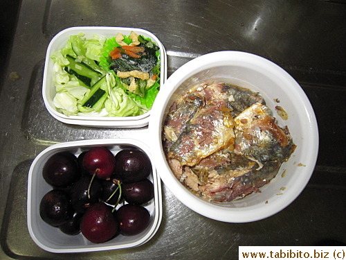 Canned spicy sardines, frozen cooked vegies, pickled cabbage and cucumber, cherries