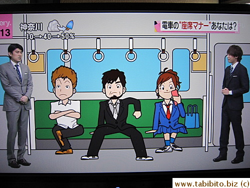 During an evening news program, cartoon figures are used to illustrate train manners
