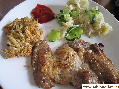 Dinner: Pork chop, burdock fritters, potato and cucumber salad