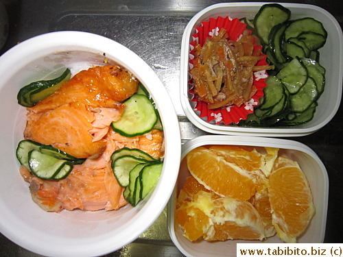 Grilled salmon, chilled pickled cucumber, prepared frozen burdock root, orange