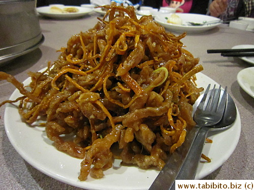 My favorite dish of the night: deep-fried crispy beef strips and carrots coated in a tangy sauce