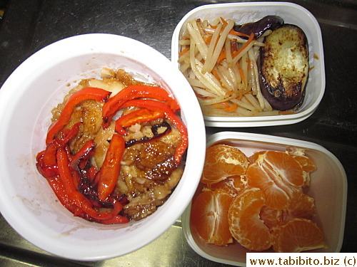 Braised halibut with red peppers, seared eggplants, stirfried bean sprouts and carrots