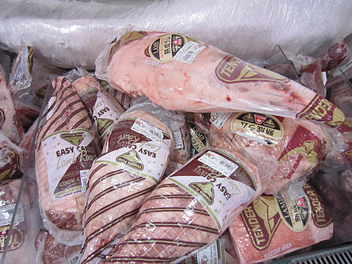 Besides the meat counter, there are plenty of frozen meat such as whole legs of lamb 