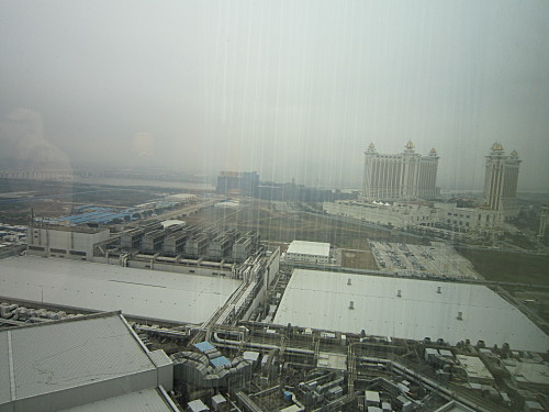 The heavy fog blurs our window view of the Galaxy Macau afar