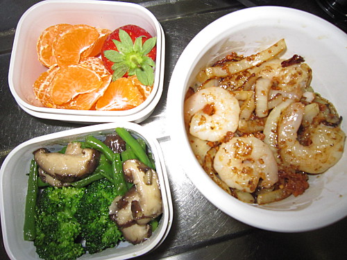 Stirfried prawns with onion and XO sauce, sauteed green beans and shiitake, blanched broccoli, mandarin and strawberry