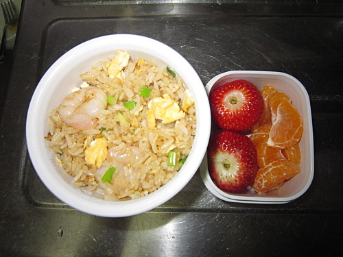 Shrimp fried rice, mandarin and strawberry