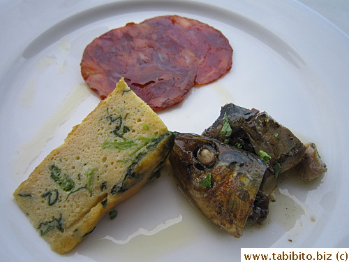 Appetizer: chorizo, Spanish omelette, marinated sardines
