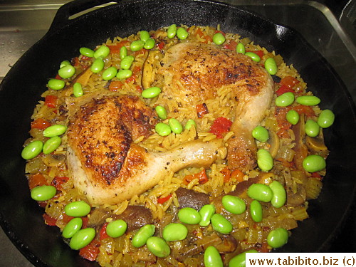 Inspired by paella, this rice dish has chicken legs and edamame instead of green beans